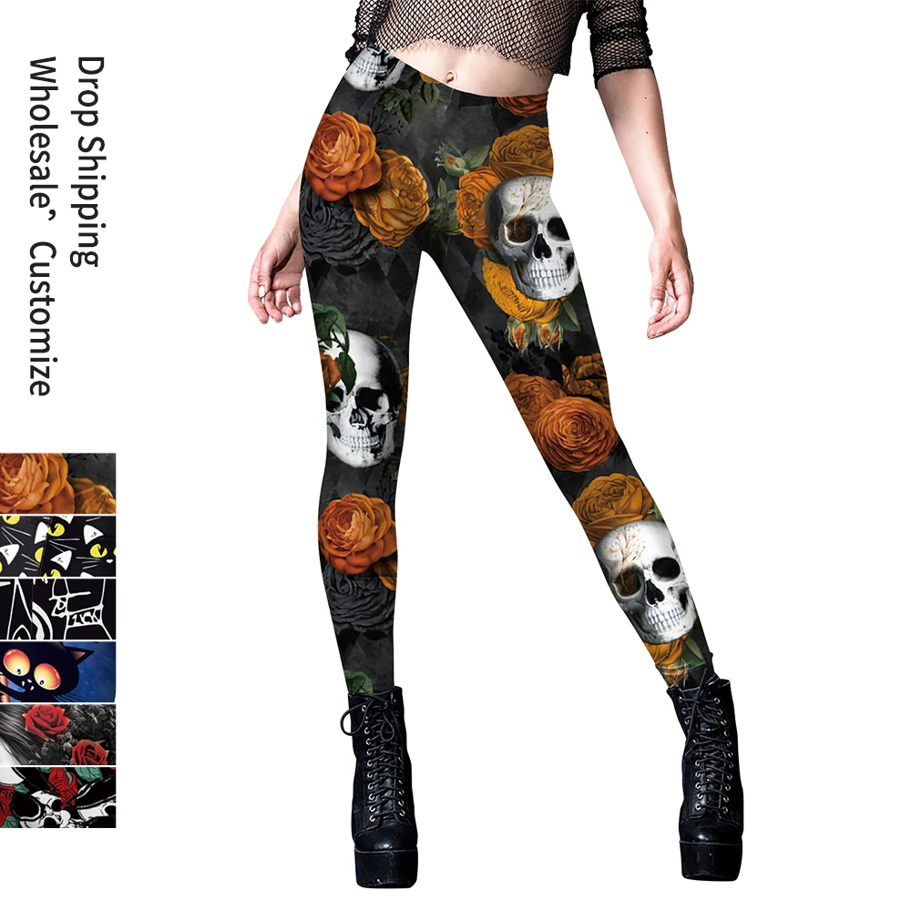 NADANBAO Flower Skull Leggings Women Mid Waist Pants Pumpkin Stripes Print Trousers High Waist Tights Festival Female Clothing