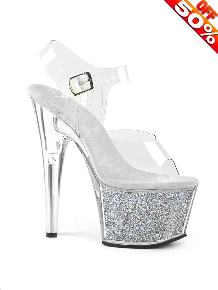 Open Toe Pole Dance Flash Exotic Bling Crystal Stiletto 7 Inches Buckle Strap Women's Platform Sandals Concise Big Size 17CM