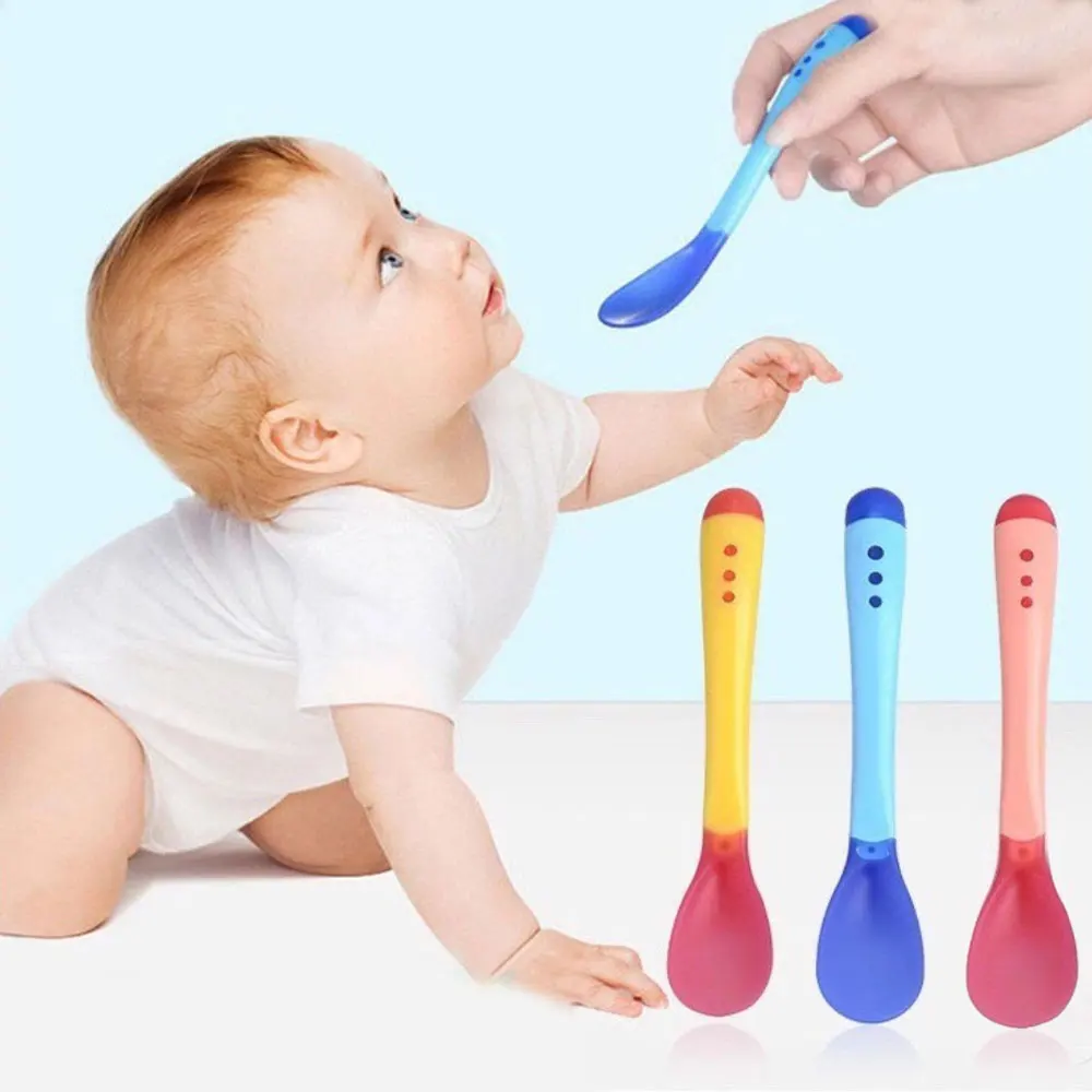 Children\'s silicone fork and spoon set, baby temperature-sensitive cutlery, high-temperature colour change Anti-scalding