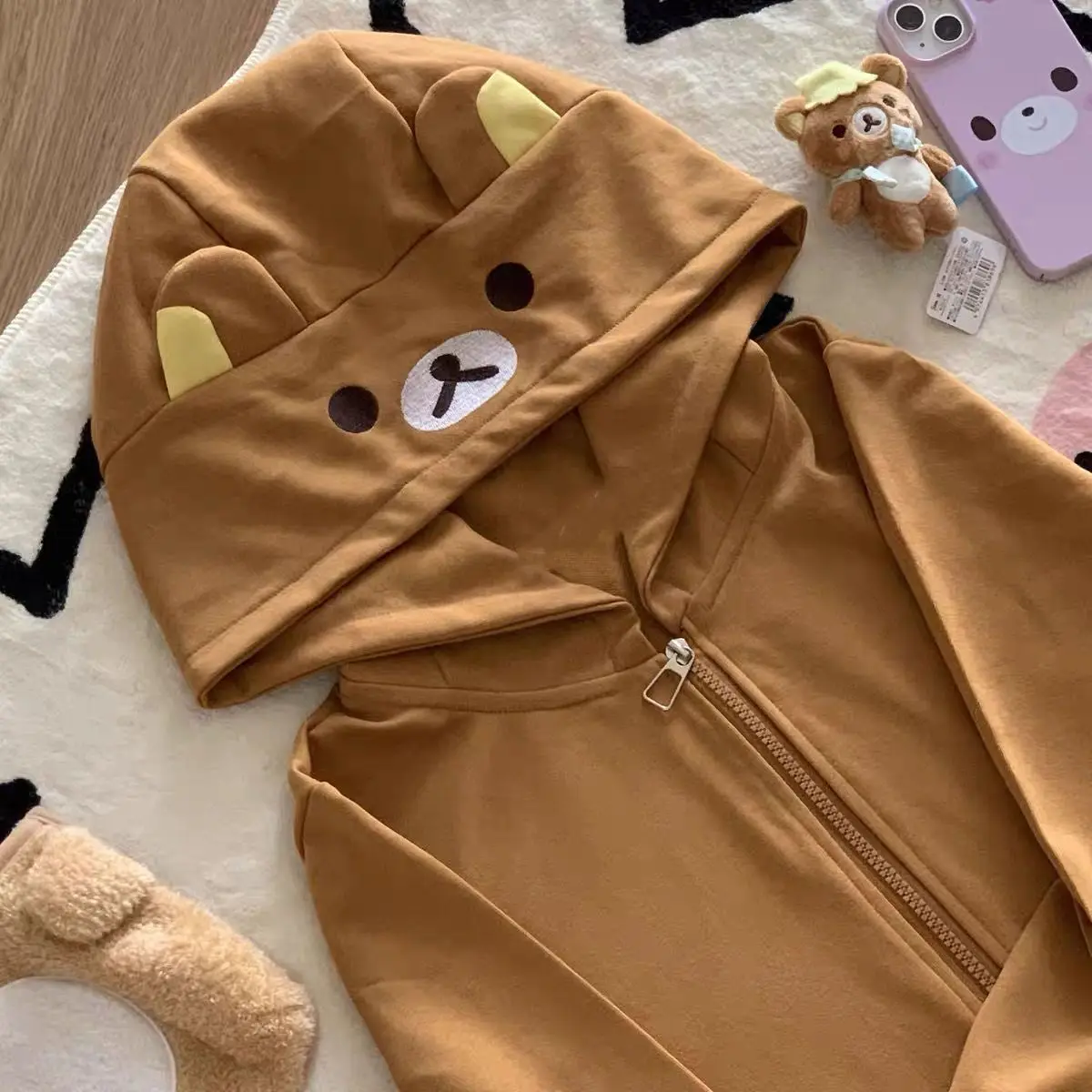 Spring and Autumn Japanese Sweet and Cute Bear Ears Long Sleeve Zipper Jacket Female Student Casual Top Cardigan Sweater Female