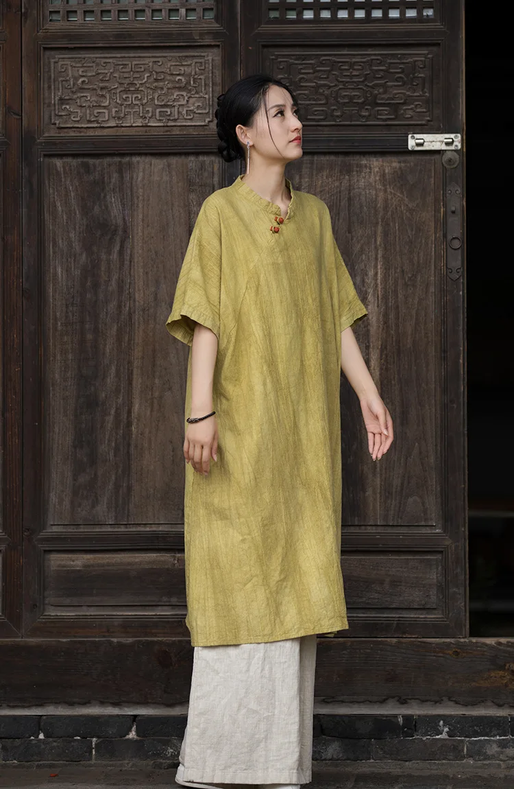 Nieuwe Chinese stijl Vrouwen Ramee Katoen Losse Jurk Chinese Traditionele Effen Kleding Qipao Stand Kraag Met Diagonale Revers Jurk