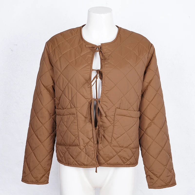 الدانتيل متابعة مبطن سترات قطنية النساء اللون البني شتاء جديد بأكمام طويلة س الرقبة خفيفة الوزن معطف دافئ جيب الإناث أبلى #5