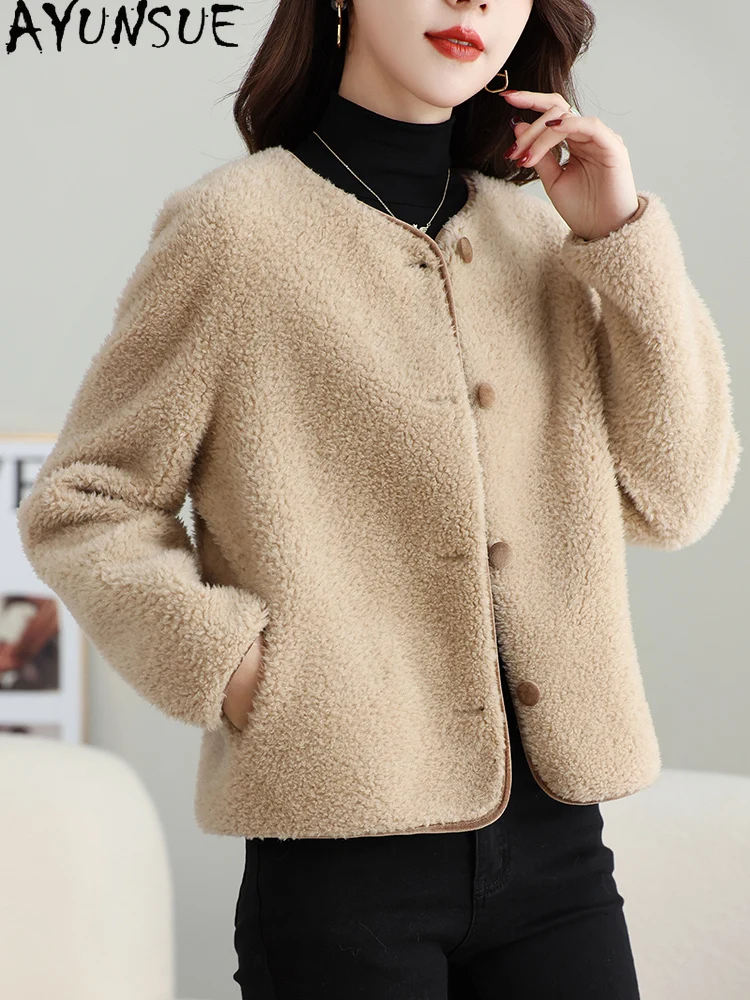 เสื้อโค้ทขนสัตว์แท้ 100% ยี่ห้อ AYUNSUE สำหรับผู้หญิง ทำจากขนแกะแท้ แจ็คเก็ตขนแกะสำหรับฤดูใบไม้ร่วงและฤดูหนาว เสื้อผ้าขนสัตว์ผสม รุ่นใหม่ล่าสุดสำหรับผู้หญิง ประจำปี 2025
