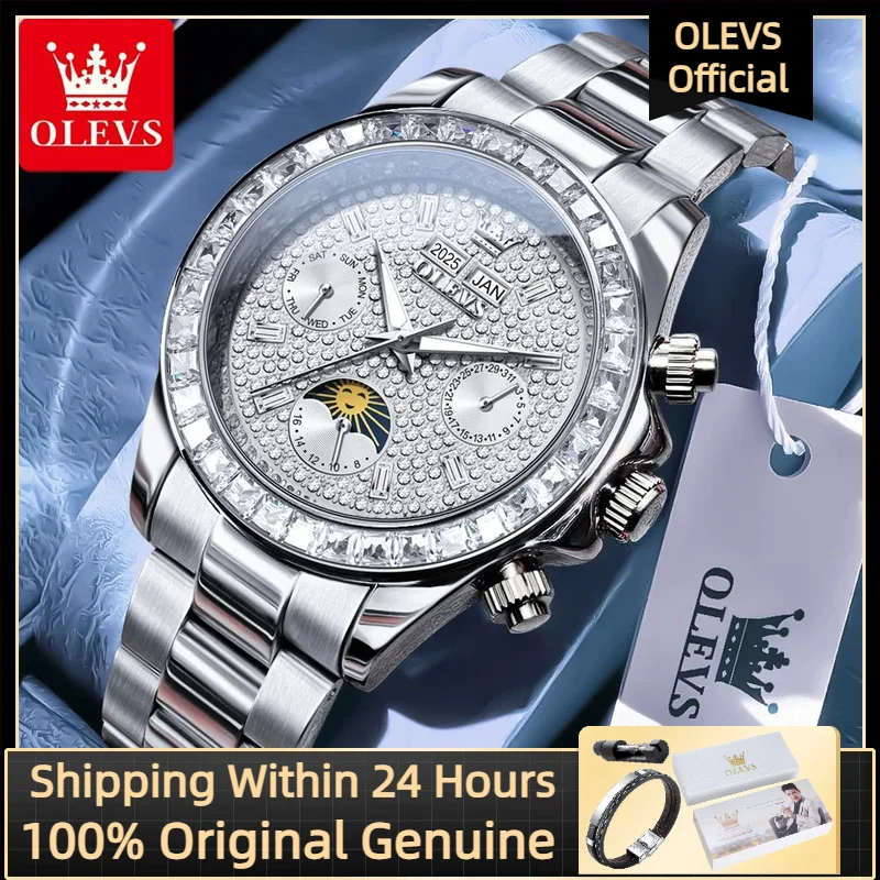 ساعة ميكانيكية OLEVS 7038 للرجال بمينا ماسي كامل وعرض تقويم مقاوم للماء ومرحلة القمر من الفولاذ المقاوم للصدأ أوتوماتيكية للرجال