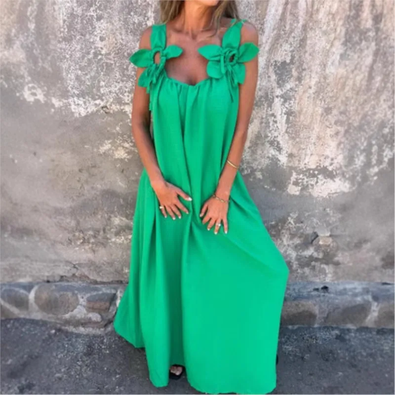 

Fashion Hollow Floral Lace-up Vacation Dress Women Summer Sexy Sleeveless Loose Big Swing Solid Backless Long Dresses 2025 New