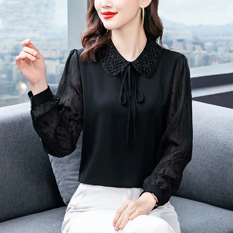 Spring and Autumn Women\'s Solid Color Pullover Lace Up Doll Neck Loose Fit Chiffon Long Sleeve Shirt Fashion Elegant Tops