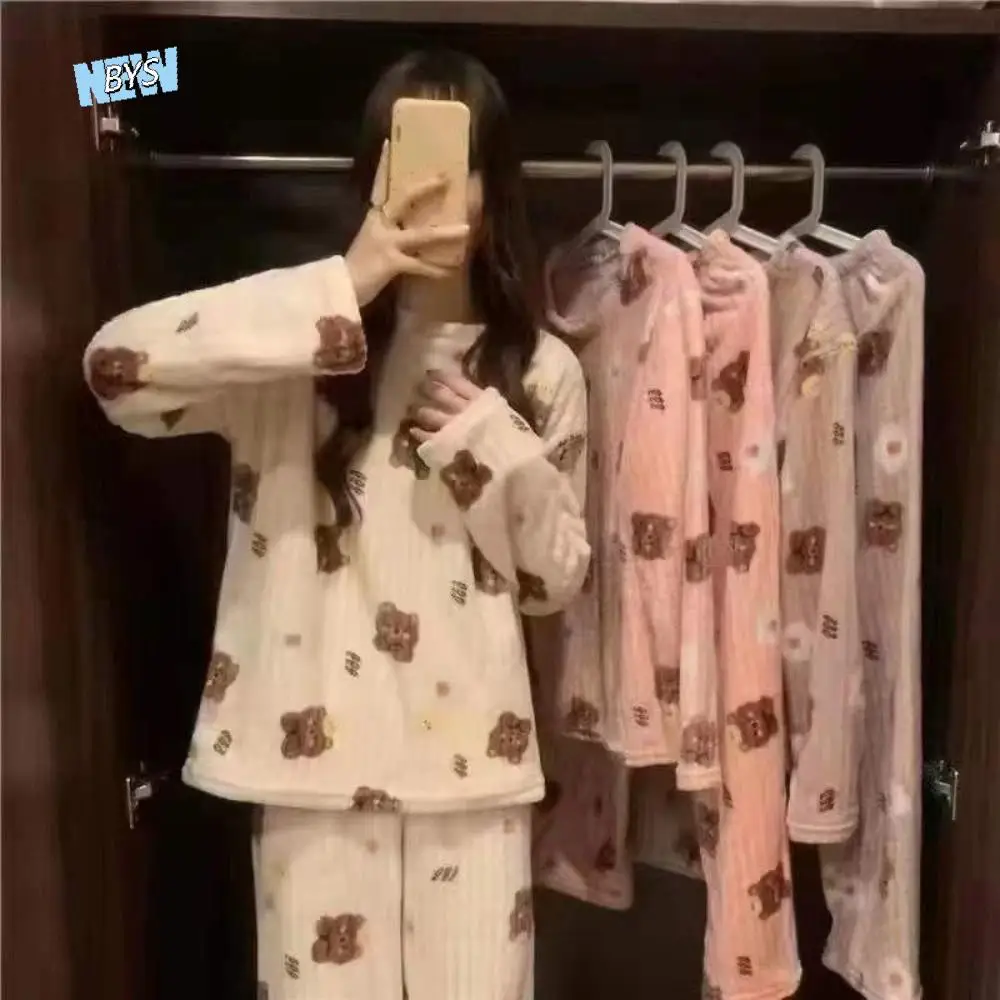 

Cute Bear Velvet Sleepwear Set Flower Long Sleeve Plush Pajama Suit Peach Nightwear Winter Thick Warm Pajamas Girl Gift