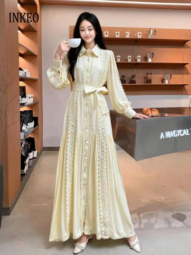 

Elegant Women's Long shirt dress with sashes Solid color 2024 Autumn Luxury Lace patchwork Maxi dresses Lady INKEO 4D0129