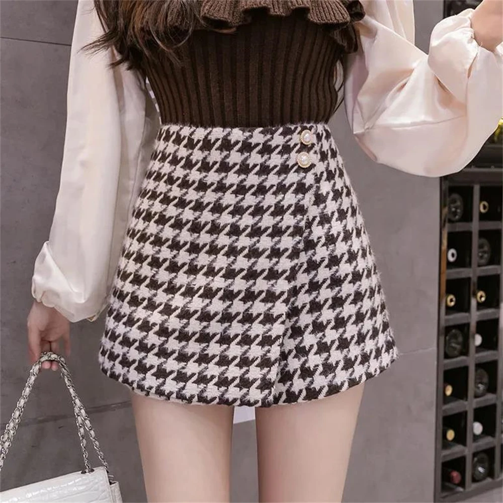 Short Pants Scanties Autumn Houndstooth Woolen Shorts Women High Waisted Loose Wide Leg Shorts Ol Chores Para Mujer Fake Two