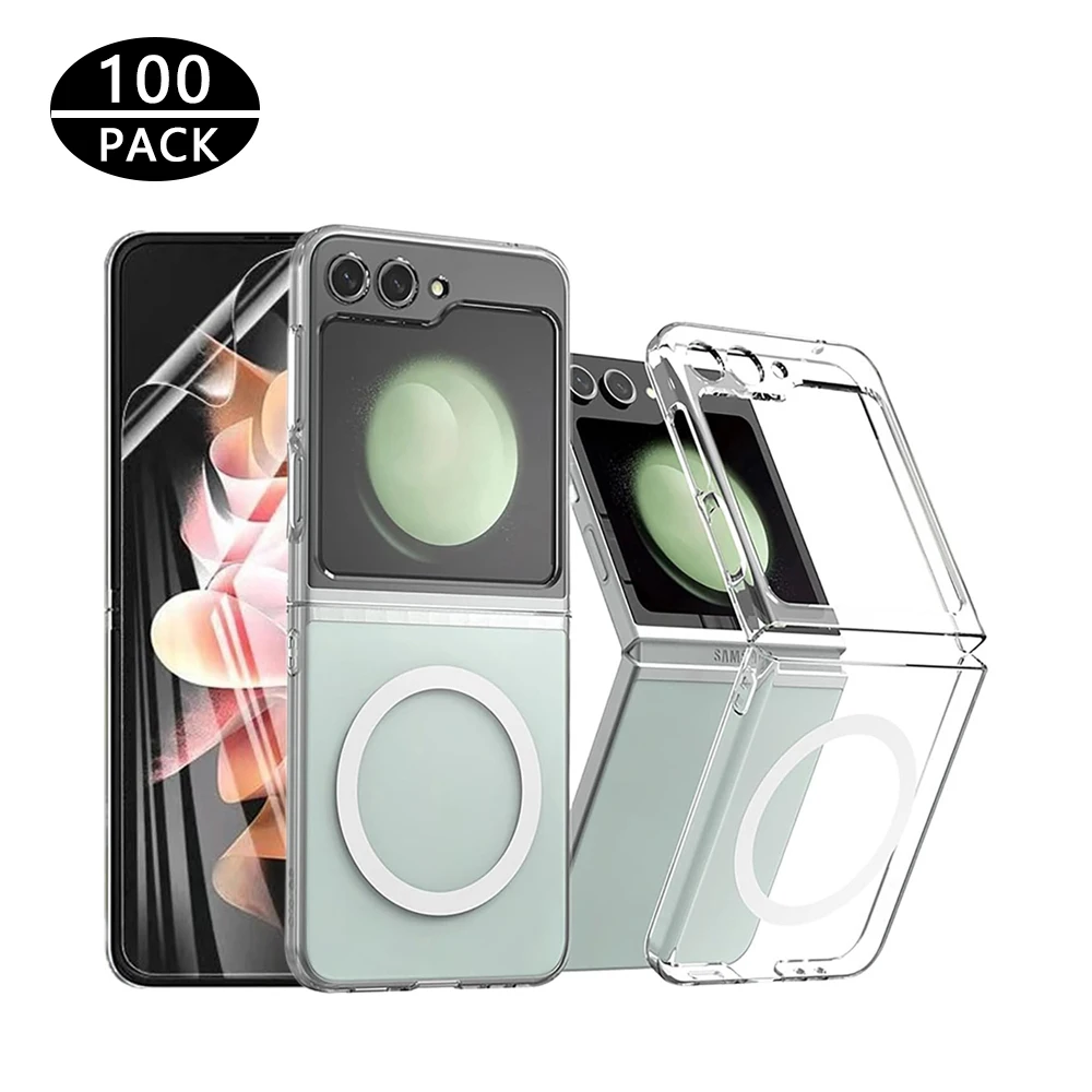 wholesale 100pcs foldable acrylic magnetic hard phone case for samsung z flip 5 4 3 transparent shockproof with package cover