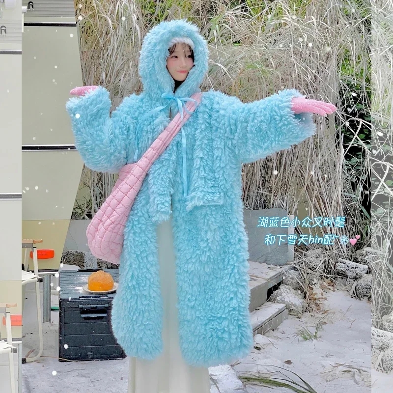 Blue Lamb Wool Coat for Women Autumn and Winter 2023 New Korean Style Loose-Fitting Long Fleece-lined Thick Hooded Faux Fur Coat