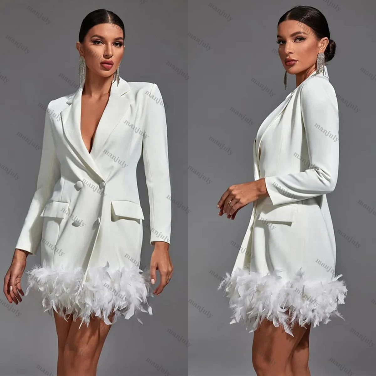 Elegant Feather White Women Suits Double Breasted Female Mini Dress Custom Made Loose Office Lady Prom Party Gown