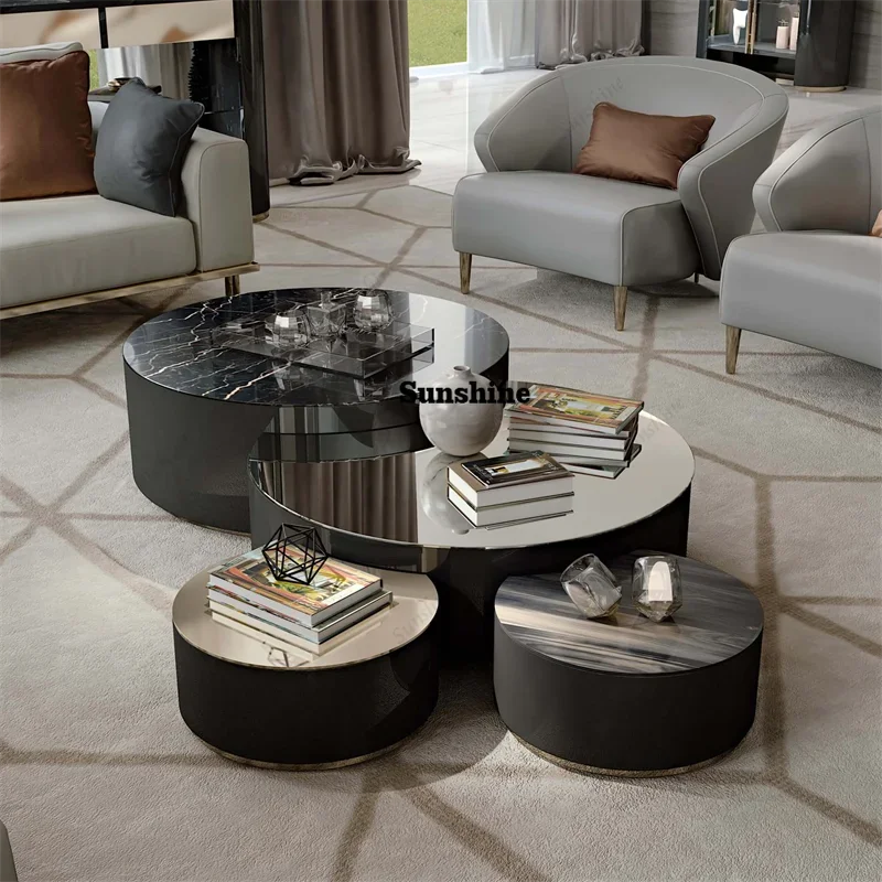 

Modern Round Nesting Marble Coffee Table Set Of 3 For Living Room Italy Design Ikat Coffee Tables Set with Stainless Steel Top