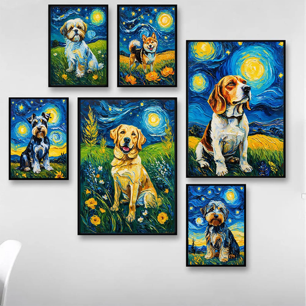Van Gogh Starry Night Dog Floral Oil Painting Funny Animal Living Room Home Farmhouse Decor Gift Wall Art Canvas Posters Prints