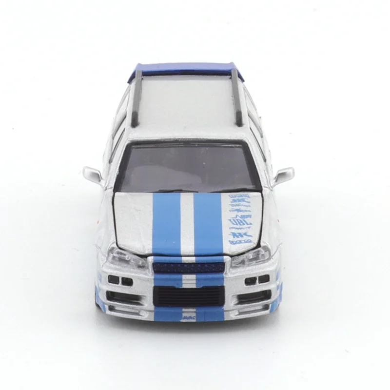 XCARTOYS POP RACE 1/64 Stage R34-cuerpo plateado con calcomanía azul, vehículo de aleación, modelo de Metal fundido a presión, juguetes para niños, regalo de Navidad