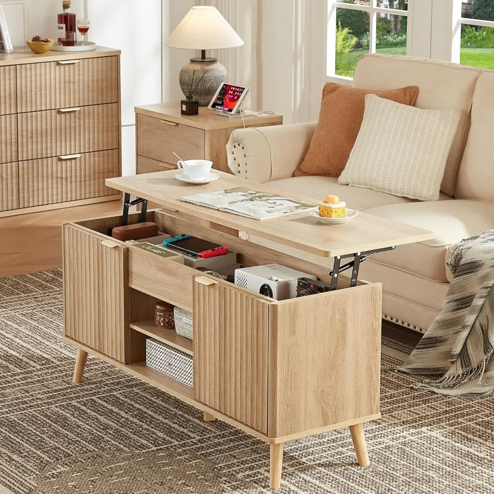 48" Fluted Lift Top Coffee Table with Hidden Storage & Adjustable Shelves, Lifting Tabletop Large Rectangular Coffee Ta