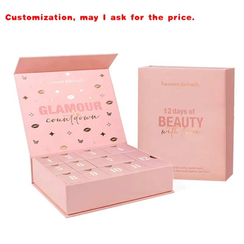 

Календарь приключений на заказ, 12 ящиков, розовая индивидуальная бумажная коробка для печати, роскошная упаковка, коробки для адвент-календаря для ювелирных изделий