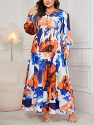 GIBSIE Plus Size Printing V-neck Knot Front High Waist Dress 2024 Autumn New Women Casual Long Sleeve Ruffle Hem Maxi Dresses