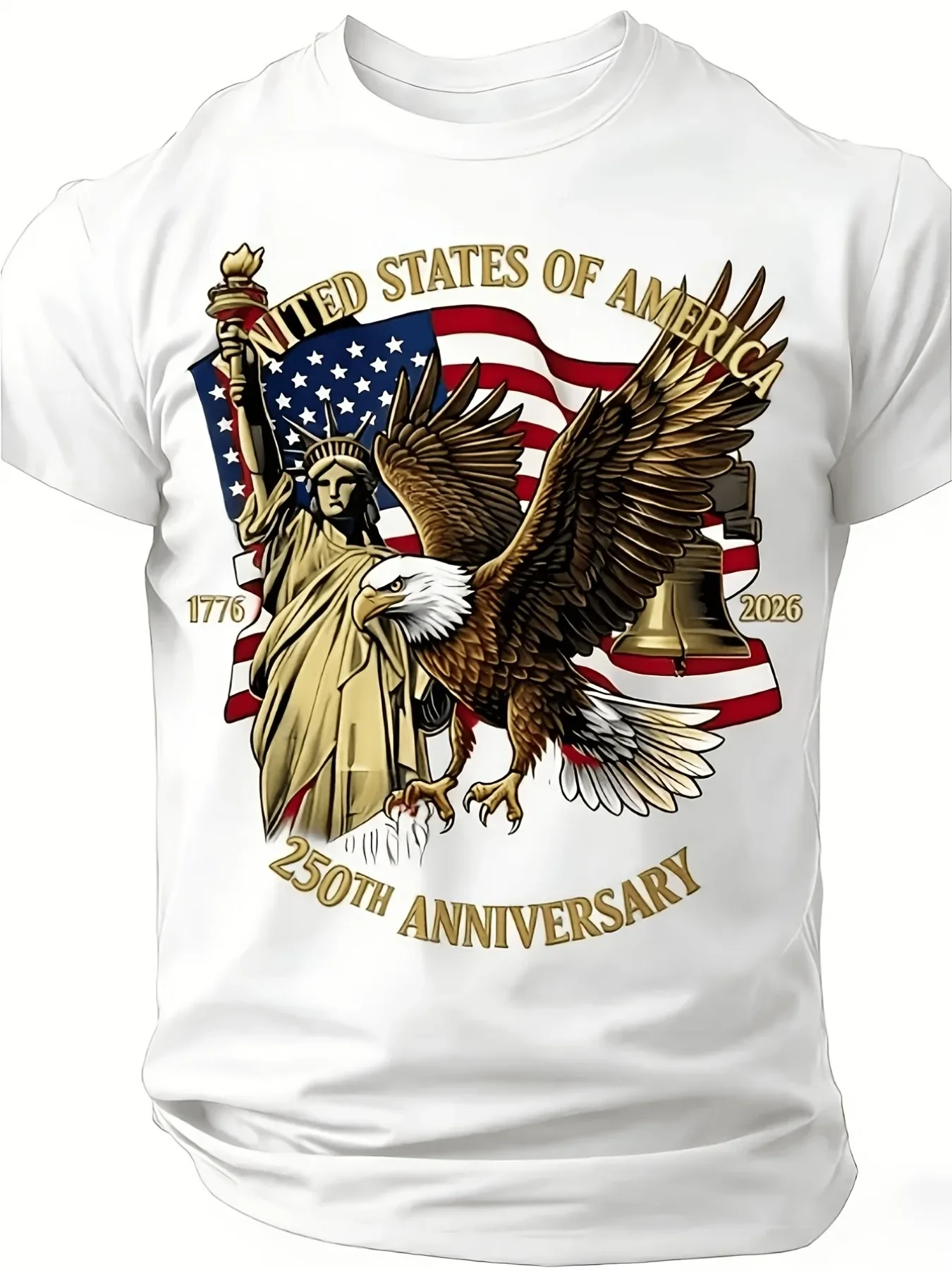 Summer Men's 100_ Cotton Short-sleeve t-shirt Independence Day 1776 2026 Bald Eagle American Flag and Statue of Liberty