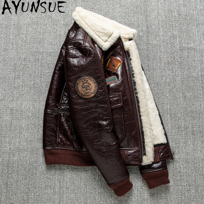 AYUNSUE Winter-Lederjacke für Herren, verdickte Bomberjacke, natürliches Schaffellfell, Herrenbekleidung, Wollfutter, Geniusж EstatUSI