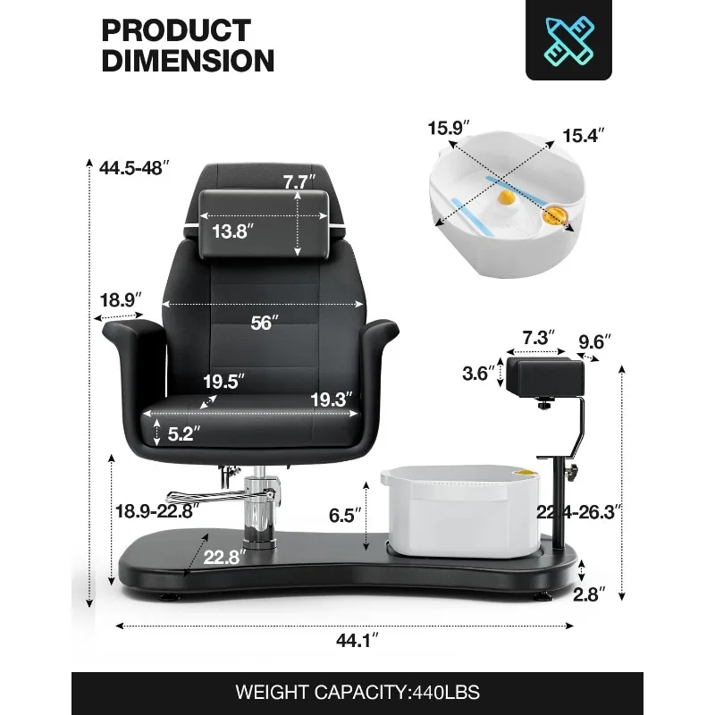 Pedicure Chair No Plumbing for Nail Tech, Upgraded 360 Swivel Hydraulic Lift Reclining Pedicure Station W/Footrest & Bowl