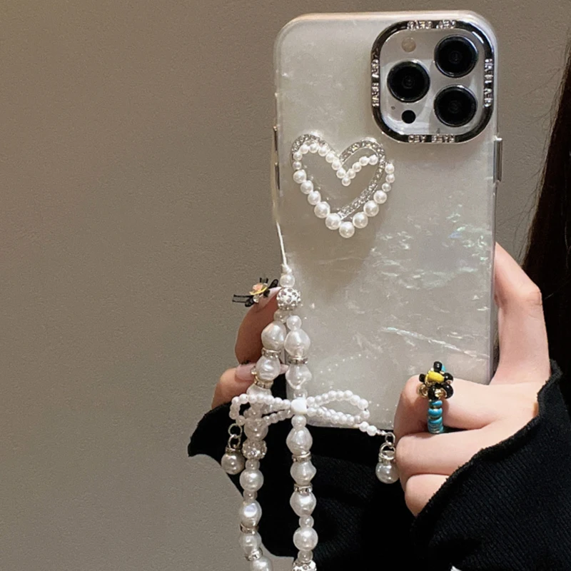 Luxury 3D Shell Pattern Love Pearl Bracelet Phone Case For iPhone 15 14 Pro Max Plus 13 12 11 Plating Frame Anti Fall Back Cover