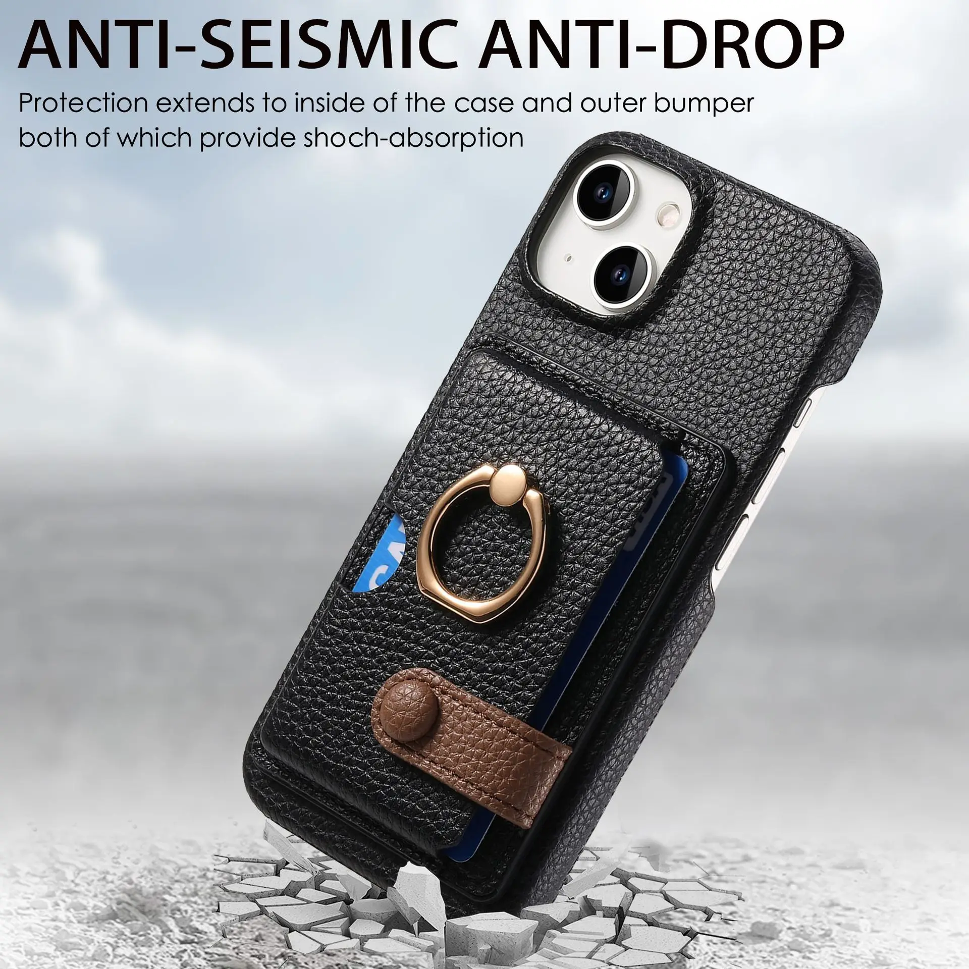 Leather Ring Support Phone Case for IPhone 17 Air 16E 18 16 15 14 13 12 11 Pro Max Plus Wallet with Card Holder Shockproof Cover