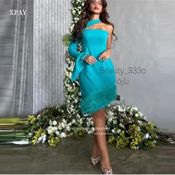 XPAY Saudi Arabic Women Vintage Short Hunter Party Dresses Feathers Asymmetric Knee Length One Long Sleeve Evening Prom Gowns