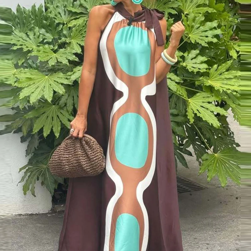 Verão elegante o-pescoço rendas vestido de férias feminino casual sem mangas solto vestido de festa moda padrão impresso bohe vestido longo