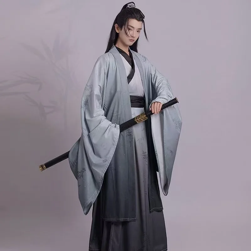 

Genderless Gray Hanfu Traditional Chinese Clothing Cross Collar Printing Long Robe Men Women Halloween Swordsman Cosplay Costume