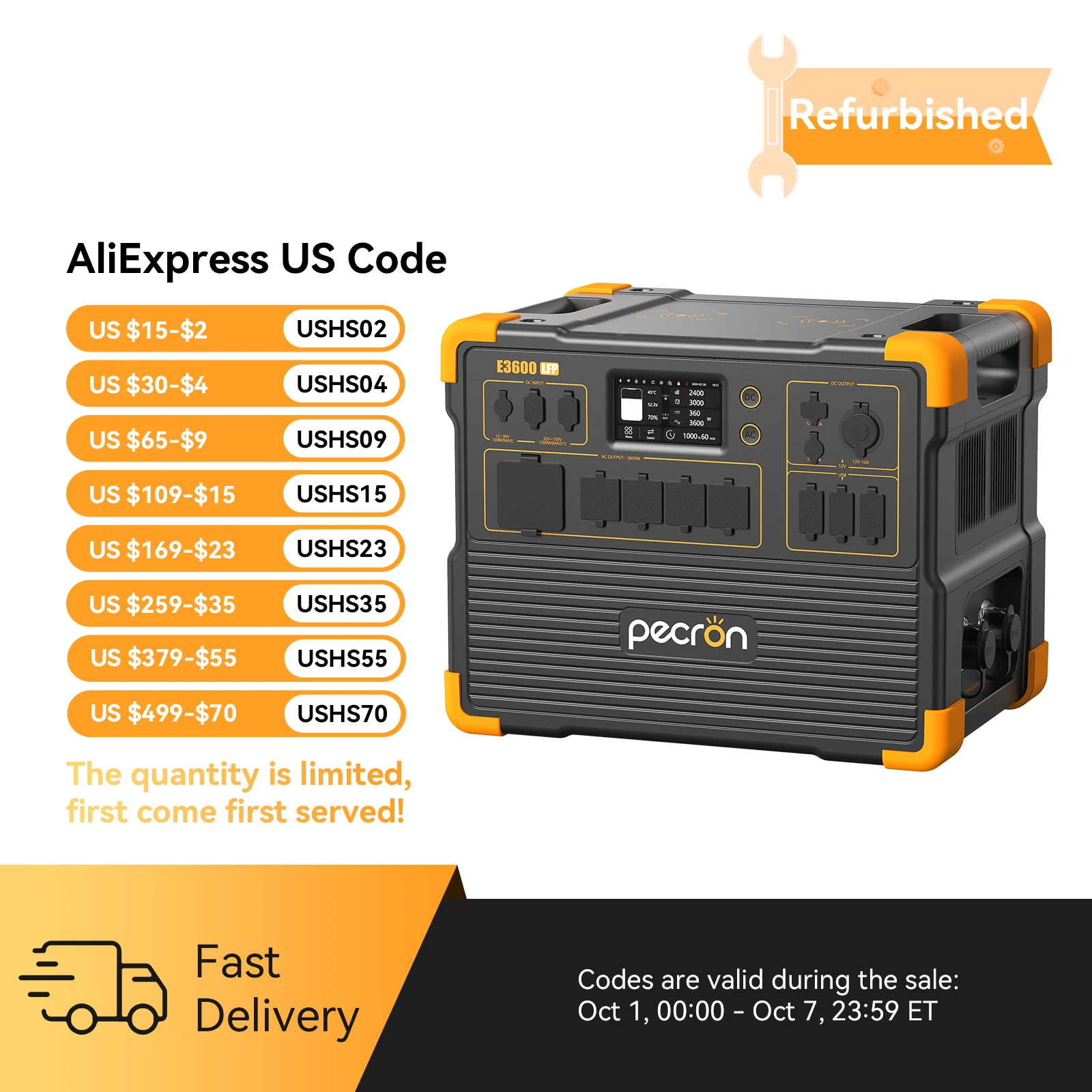 Refurbished-PECRON Portable Power Station 3072Wh E3600LFP, 5x3600W AC Outlets Power Station, LiFePO4 Battery Backup Expanded to 18.43kWh, Fast Charging Solar Generator for Home Use, RV, Camping, CPAP, Emergencies
