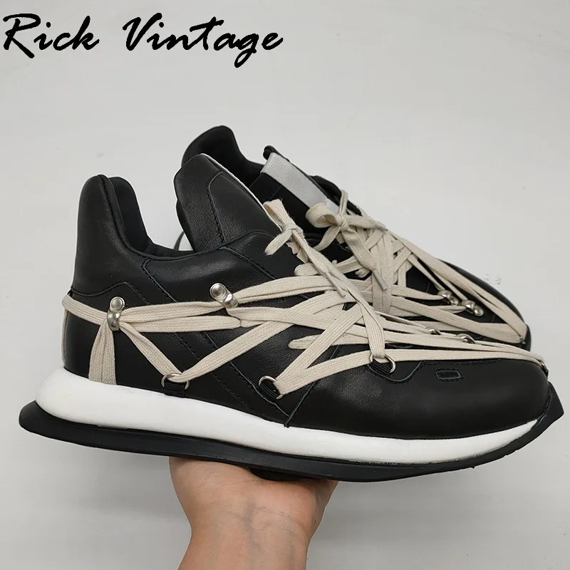 Rick Vintage Spring Platform Sneakers Men Designer Real Leather Casual Shoes Male Luxury Trainers Casual Lace-up Black Boots