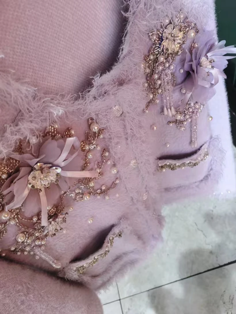 

Роскошный вязаный кардиган из искусственного меха с цветочными кристаллами и бриллиантами для женщин, небольшой ароматный свитер с v-образным вырезом, пальто, верхняя одежда, вязаная куртка