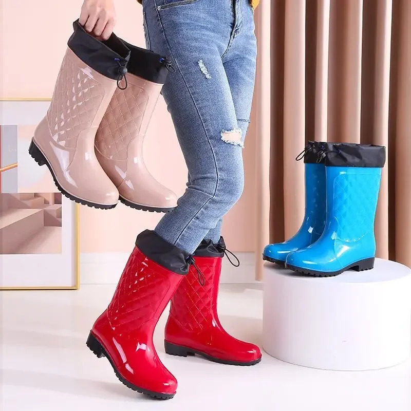 Adult Women's New Spring Autumn Rain Boots Elastic Drawstring Mid Calf Anti-Slip Waterproof Solid Color Check Pattern