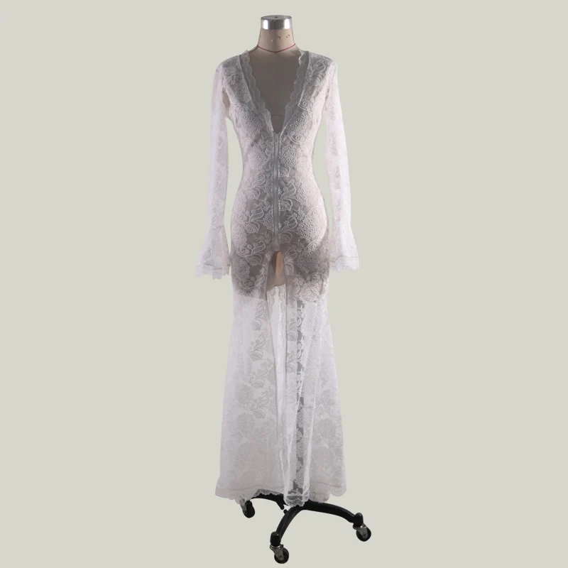 Eleganti abiti da sposa spose in pizzo bianco Sexy abito da sera da damigella d'onore con scollo a V profondo elegante maniche lunghe Vestido De Noiva femminile