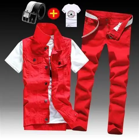 Spring Autumn Mens Thin sleeveless Denim Coat Pencil Pants T-shirts 3pcs Set Jacket Trousers Casual for Male Slim Fit