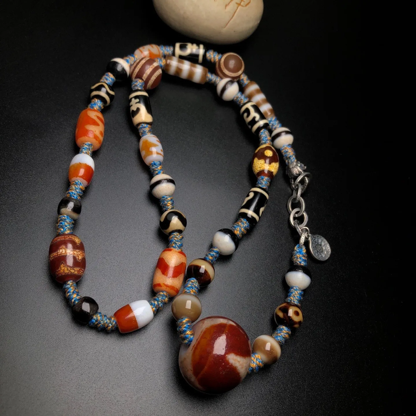 Tibetan Agate Tiger Tooth&Many Treasure Dzi Bead Amulet Necklace Pendant Z3195
