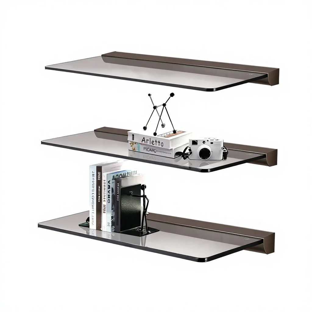 

Simple modern living room laminate creative wall-mounted three-layer shelf shock-proof design aluminum alloy glass home