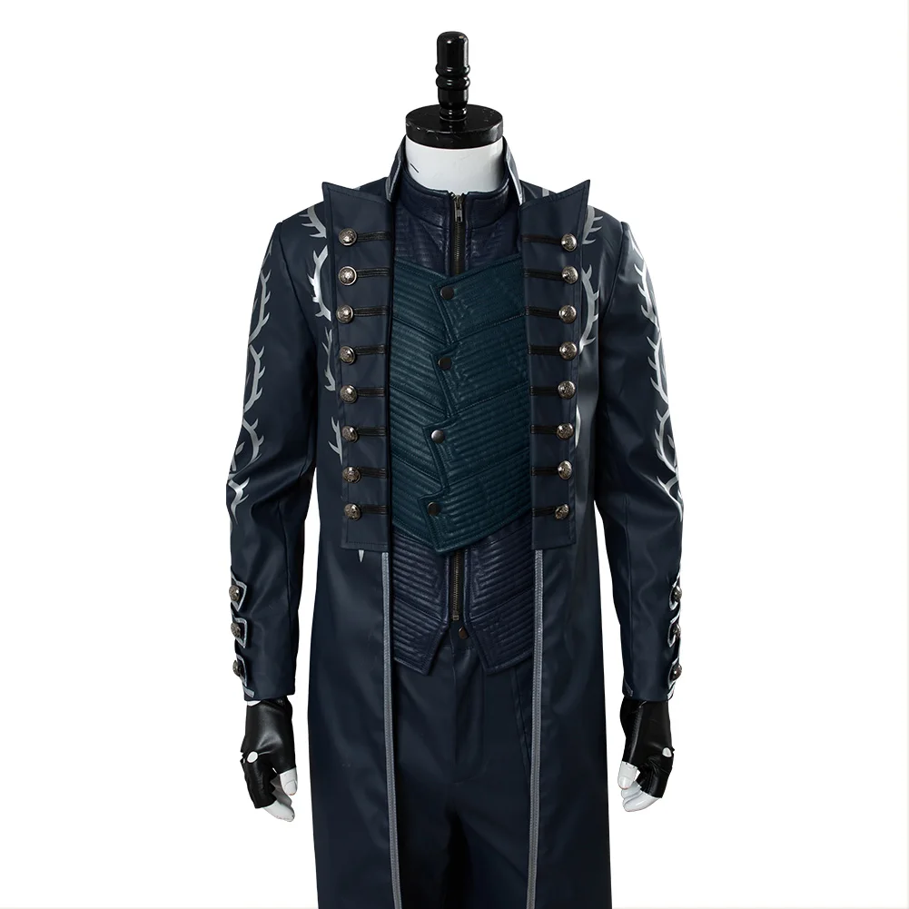 DMC 5 Vergil Cosplay Fantasia Costume Disguise Adult Men Leather Jacket Coat Pants Outfits Full Set Suit Halloween Carnival Suit