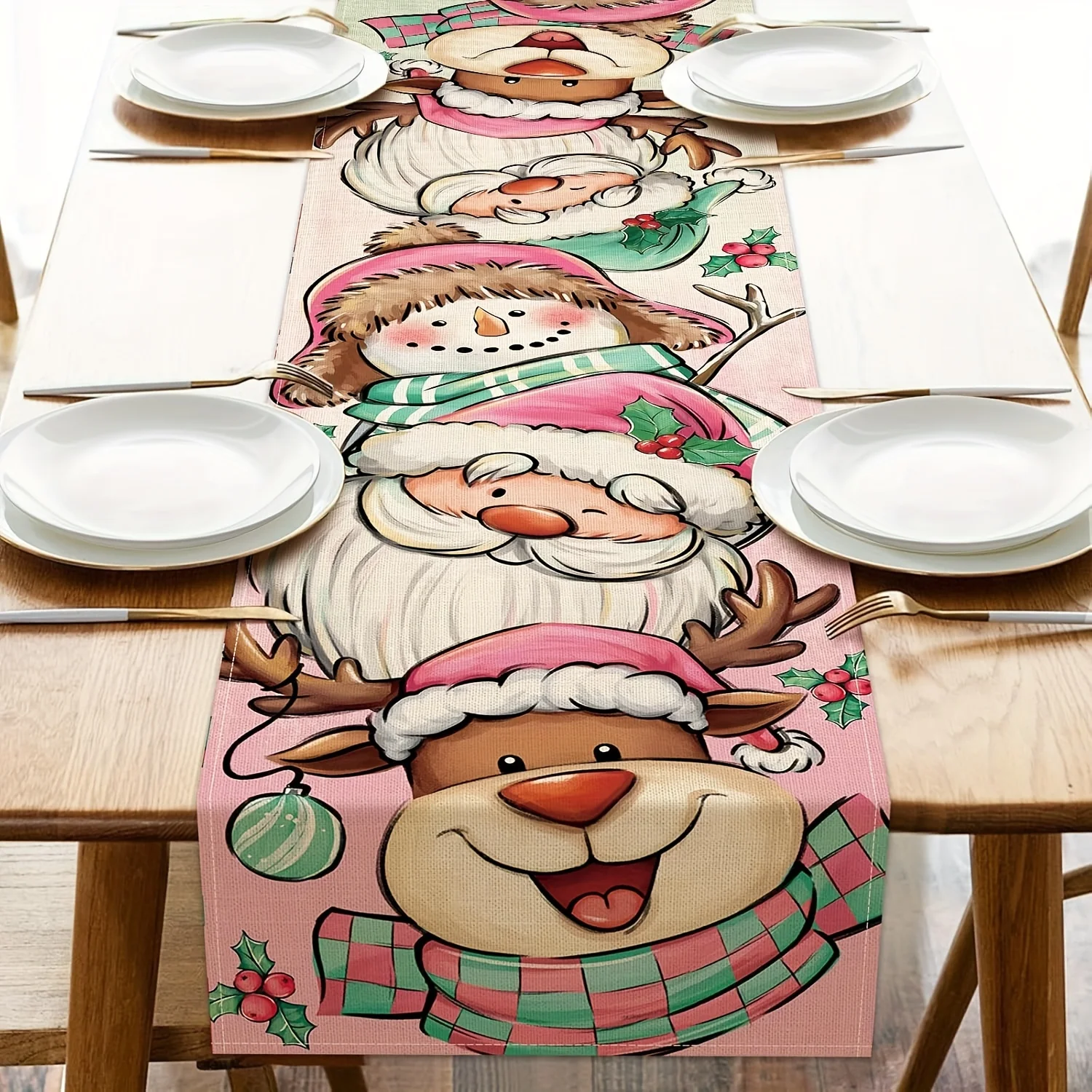 1pc, PolyesterChristmas Table Runner Featuring Santa, Snowman, And Deer In Green And Pink, Perfect For Holiday Dining Table Deco
