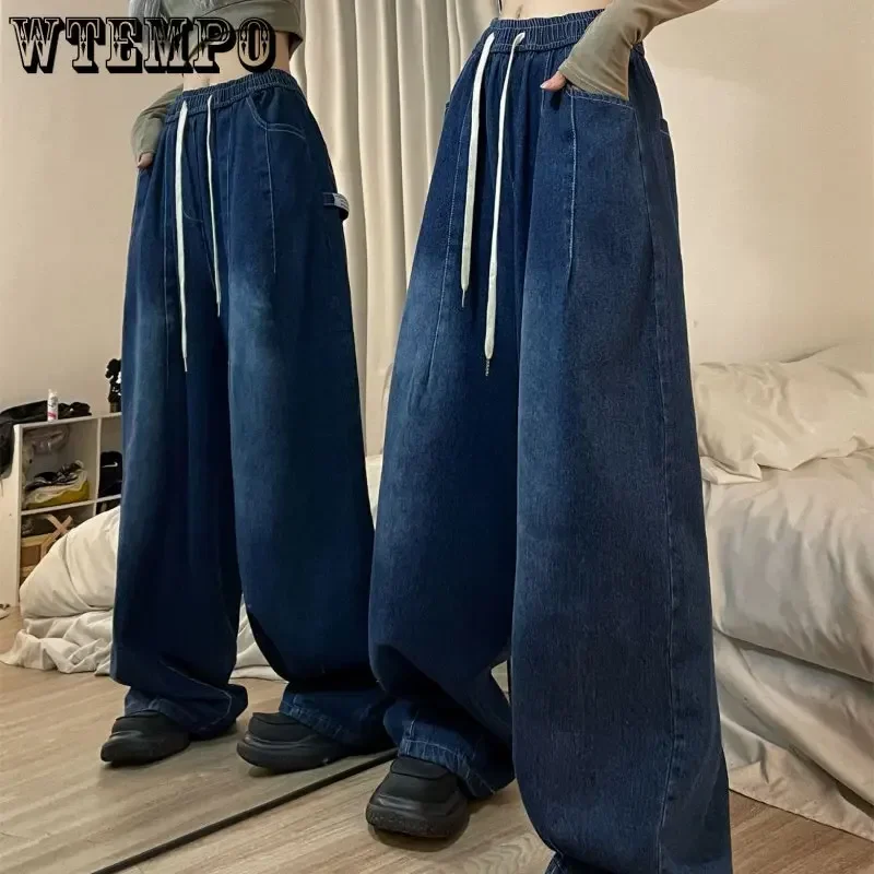 Jean Baggy Vintage à Taille artificiel astique pour Femme, Surintendant Américain, Denim, Jambes Larges, Streetwear, Pantalon Droit, Basique,