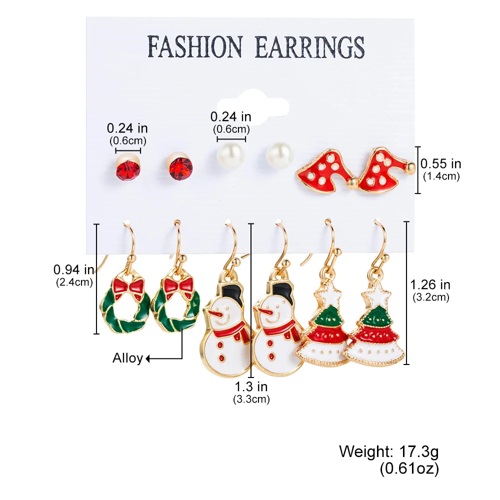 FTCY 6pcs Women\'s Christmas Stud Earring Set Elk Christmas Tree Snowman Moon Decoration Hoop Earrings  Pierced Ear Jewelry Gift