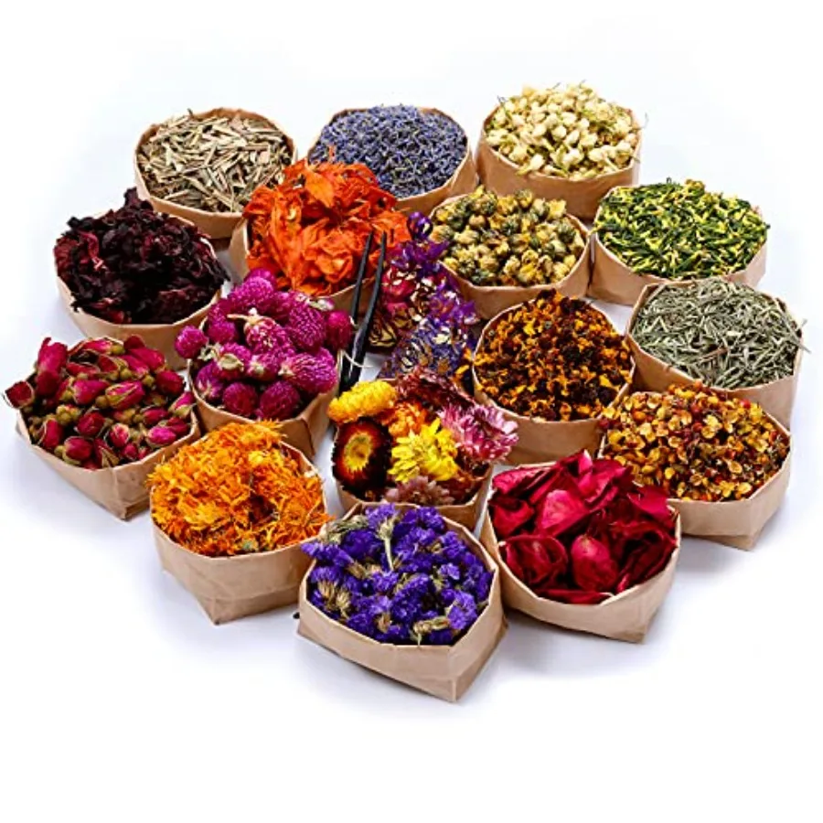 16 Bags Dried Flowers, 100% Natural Dried Flowers Herbs Kit for Soap Making, DIY Candle Making, Bath - Include Rose Petals, Lav