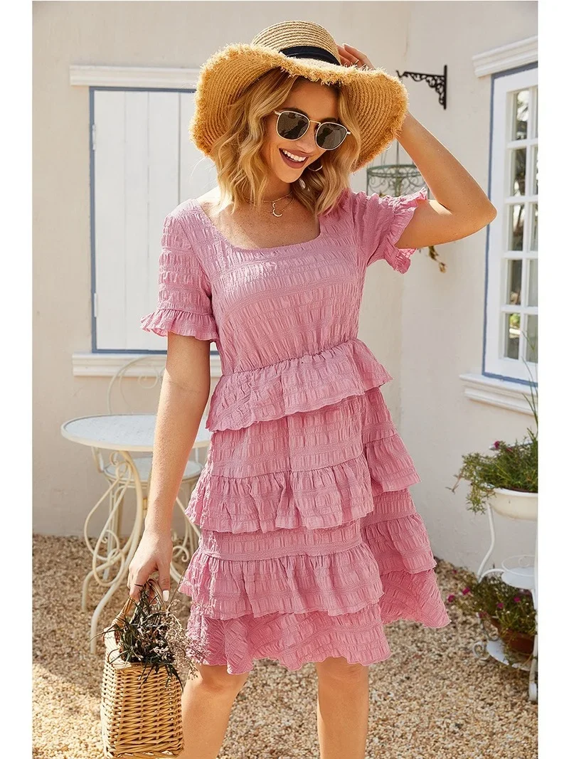 

Summer Dress Women Bohemian Solid Ruffled Flounced Robe Female Party Elegant Short Sleeve Dresses Pink Cottagecore Vestidos 2023