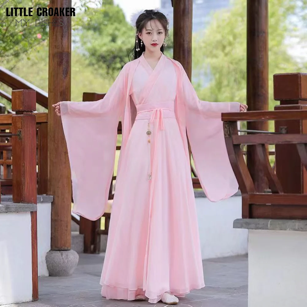 2023 New Hanfu Women Pink Blue Red Dress Folk Dance Costume Chinese Traditional Fairy Ancient Han Dynasty Princess Stage Outfits