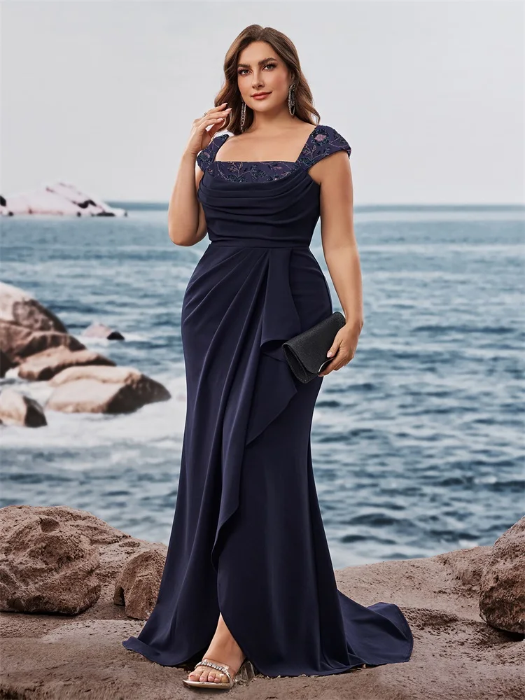 Lucyinlove Abiti da sera eleganti con paillettes Donne di lusso Colletto quadrato pieghettato Prom Party Lunghezza pavimento Abito da cocktail formale blu