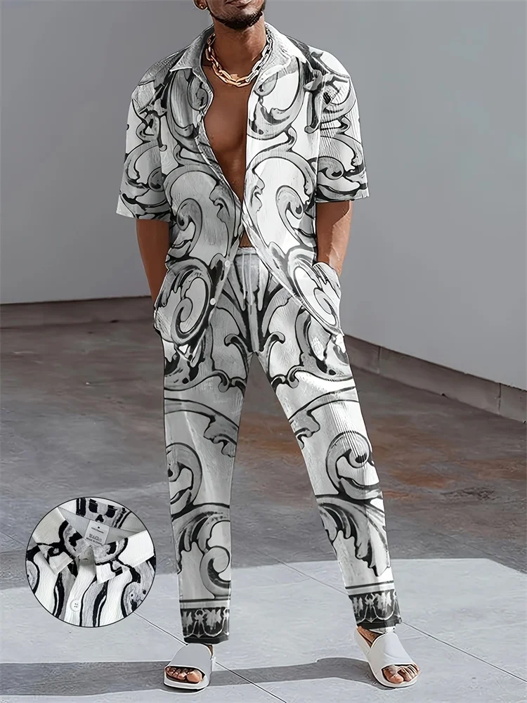 

Black And White Baroque Pattern Printed Short-sleeved Two-piece Set Artistic Retro Casual And Fashionable Men's Autumn Shirt Set