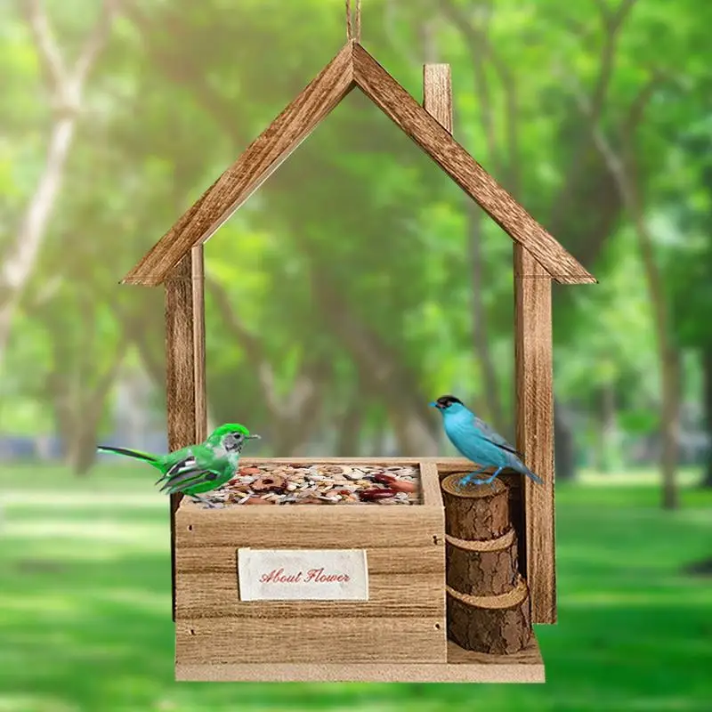 Comedero de madera para pájaros, casa portátil para pájaros de cedro pequeño, comedero salvaje para exteriores, colgantes de relleno superior fáciles, comedero para pájaros grandes y jardín