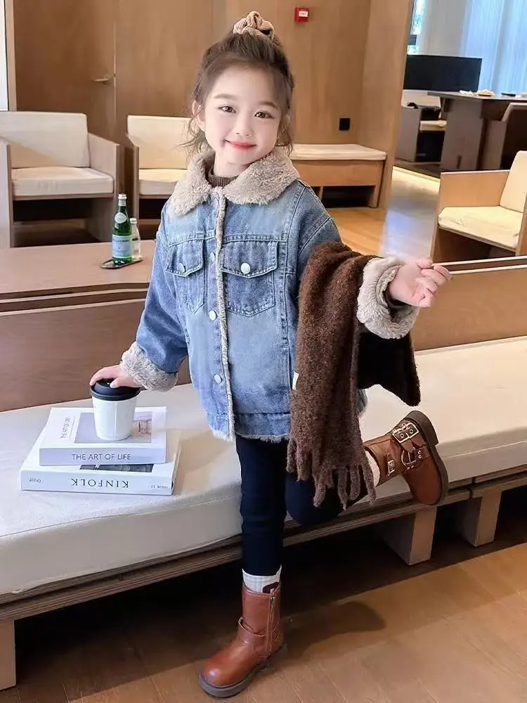 Girls Padded Denim Coat Thicken Jacket Winter Children's Fashion Plus Velvet Outerwear Autumn Warm Loose Parkas