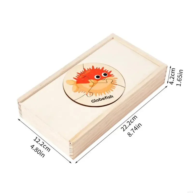 مجموعة ألغاز على شكل حيوانات بحرية خشبية آمنة للأطفال مع صندوق تخزين سهل لعبة مطابقة الشكل المعرفي مناسبة للسفر 15UB